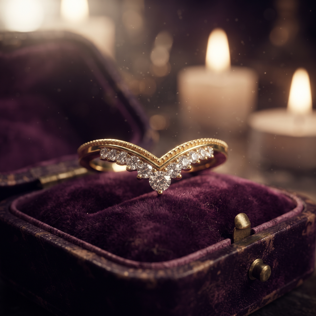 Curved Diamond Chevron Wedding Band, Solid Gold Milgrain V-Shape Stacking Ring