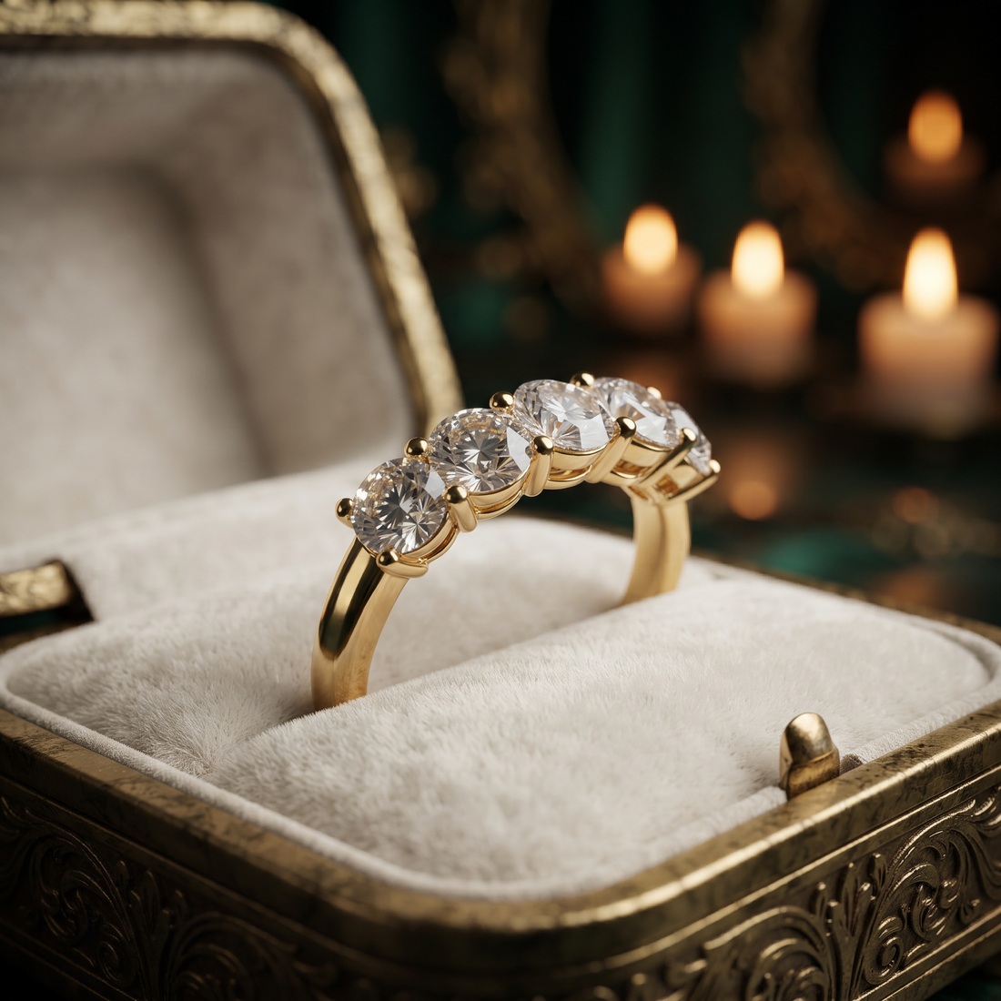 5-Stone Round Cut Diamond Ring, Shared Prong Stackable Band, Solid Gold Wedding Promise Ring