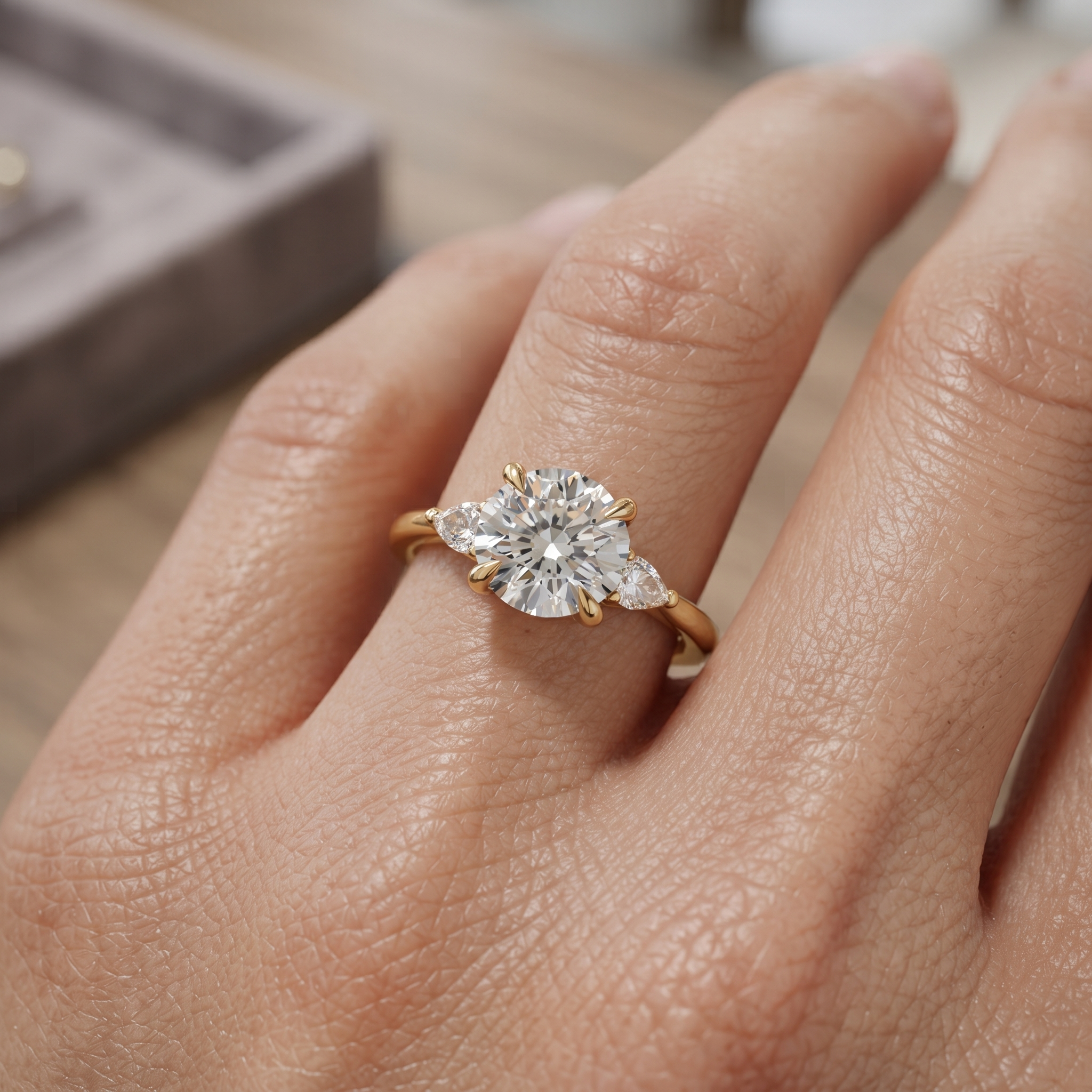 Round Engagement Ring Set, Pear Side Stones, Yellow Gold Curved Wedding Band