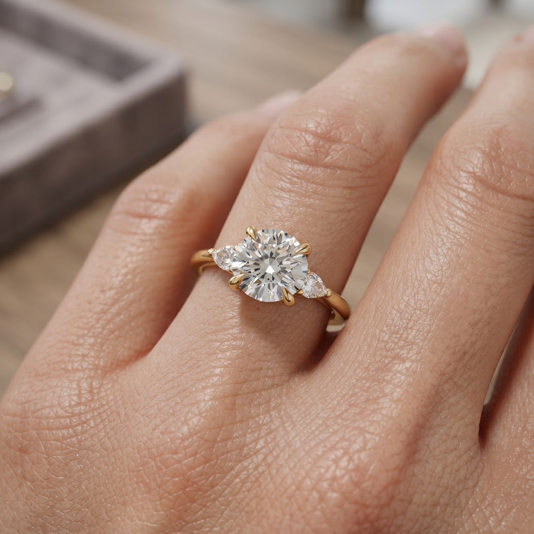Round Engagement Ring Set, Pear Side Stones, Yellow Gold Curved Wedding Band