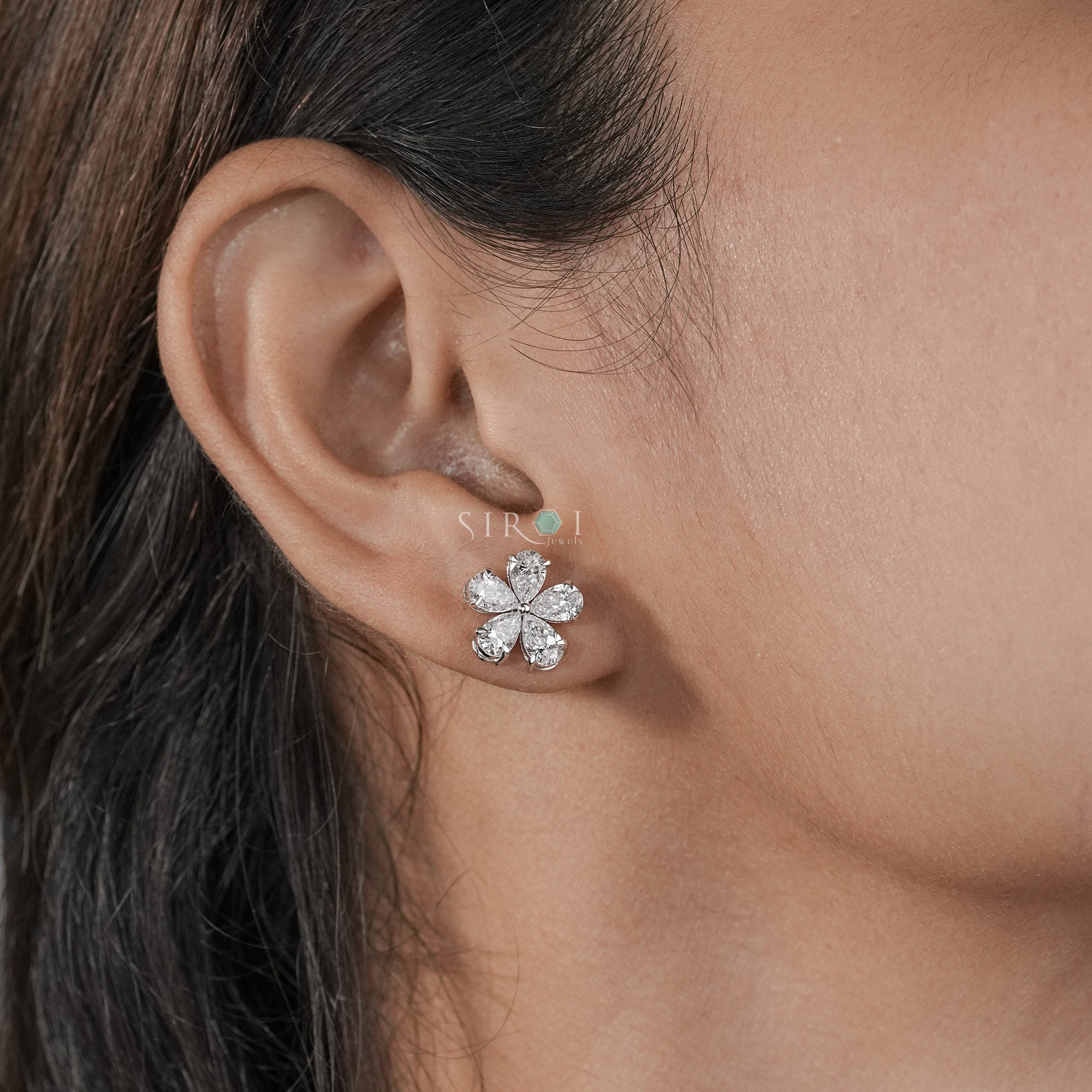 Pear Diamond Flower Cluster pear Stud Earrings in White Gold