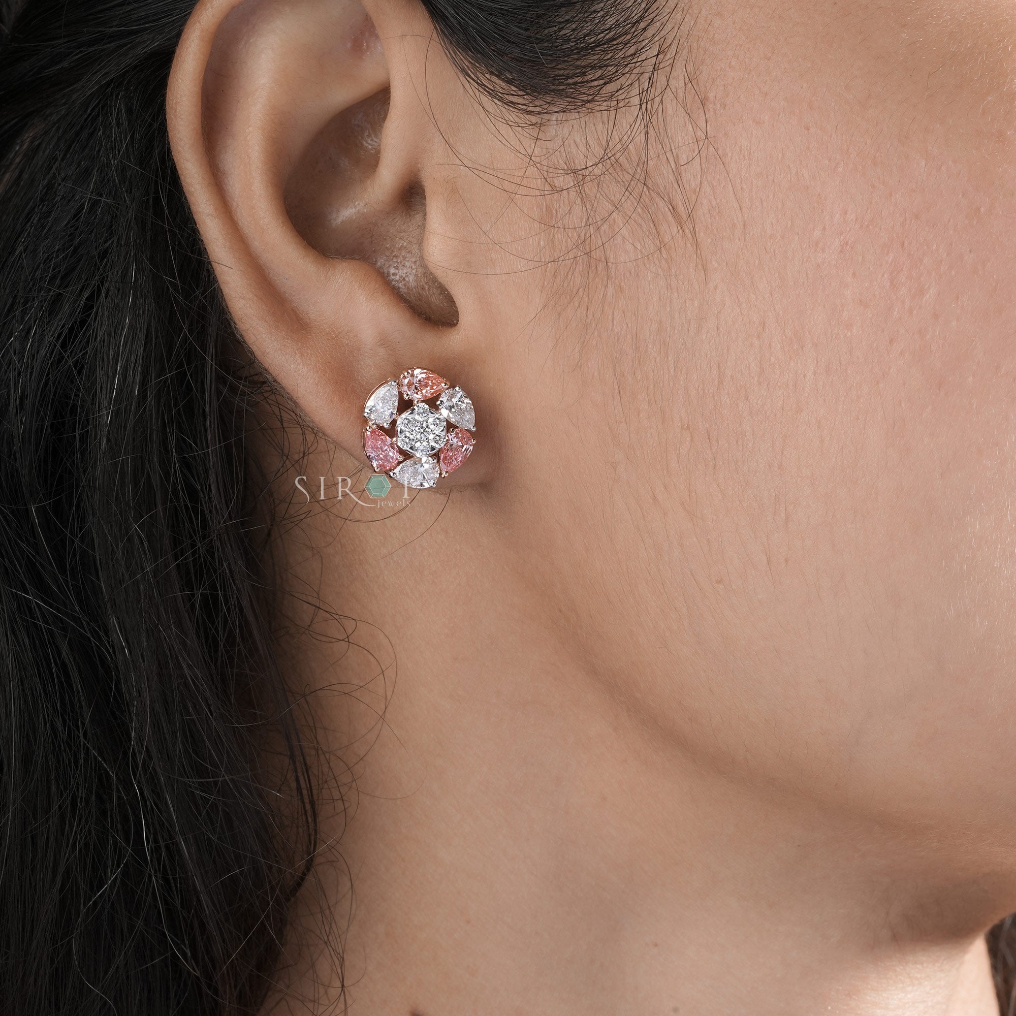 Fancy Pink & White Diamond Floral Cluster Studs.