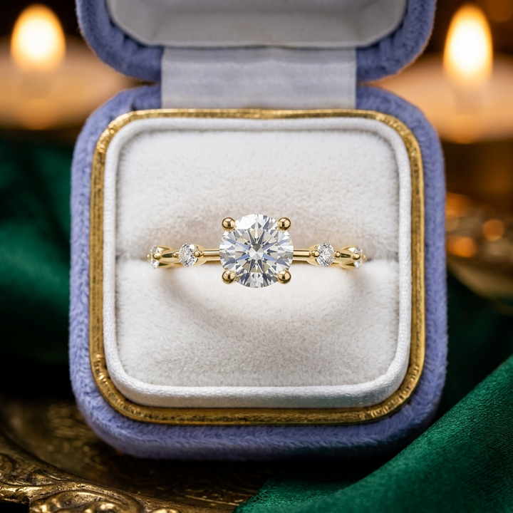 Round Engagement Ring, Solid Gold Cluster Branch Bridal Jewelry