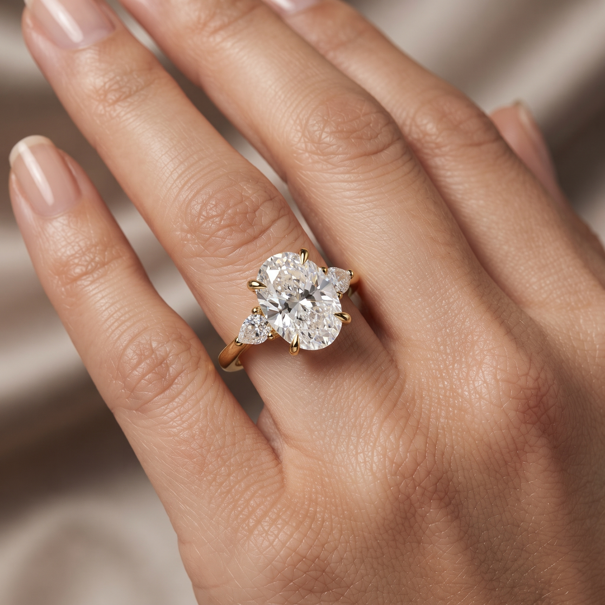 Oval Lab Grown Diamond Ring, 3-Stone Pear Side Stones, Minimalist Gold Engagement Ring