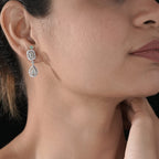 Emerald Cut and Pear Shape Diamond Halo Drop Earrings