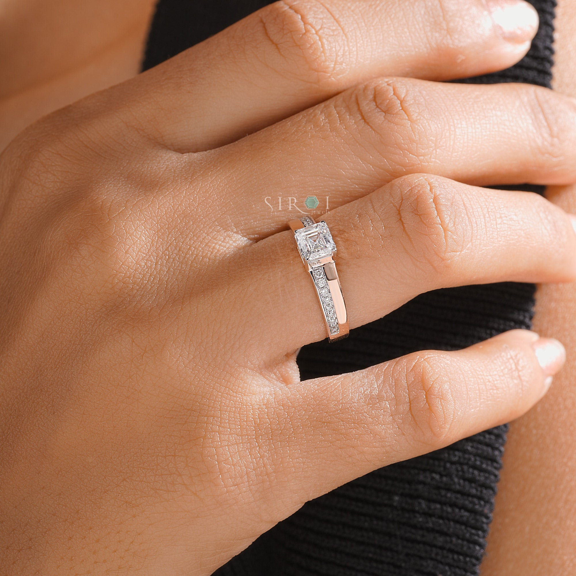Rose Gold emerald Diamond Ring with Shoulder Pave