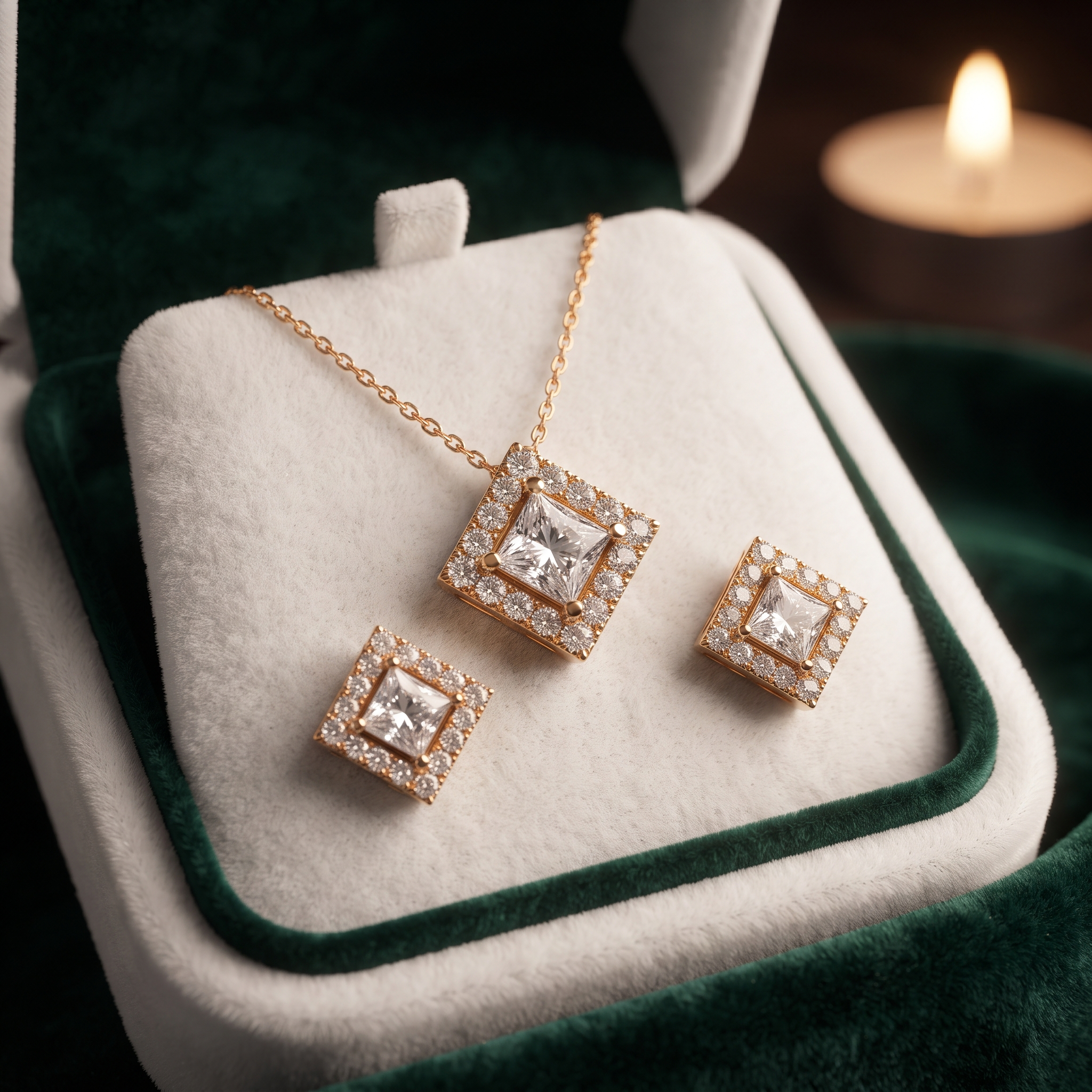 Princess Cut Diamond Halo Necklace Set, Square Pendant Earrings, Bridal Jewelry Gift