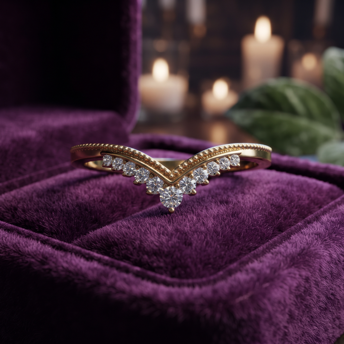 Curved Diamond Chevron Wedding Band, Solid Gold Milgrain V-Shape Stacking Ring
