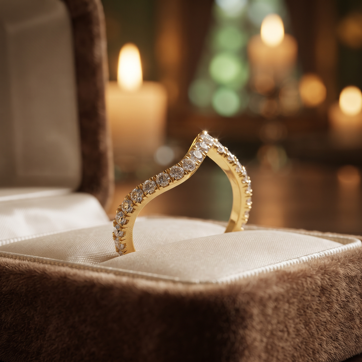 Diamond V Shape Ring, Curved Wedding Band, Pave Set Diamonds, Stacking Chevron Ring