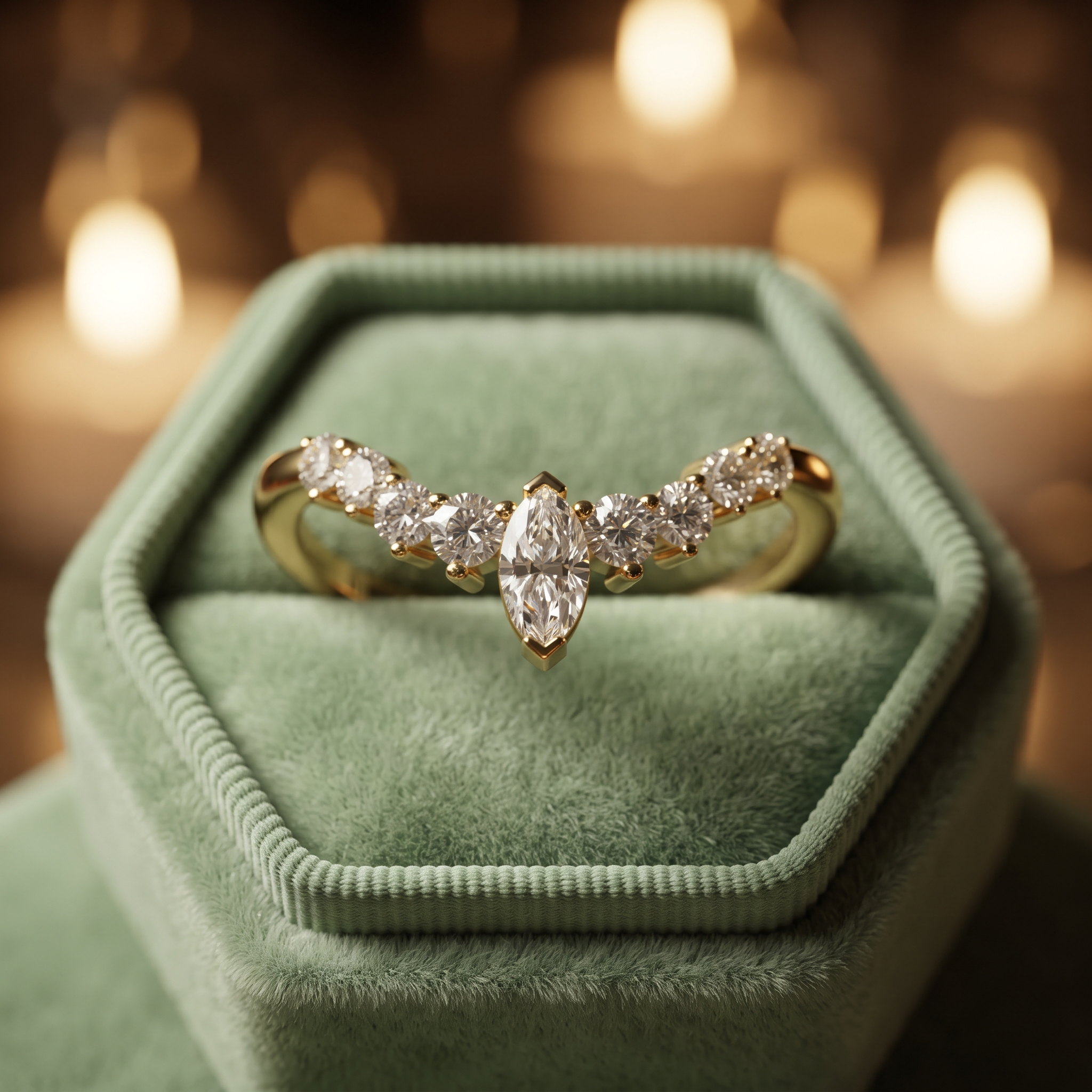 Elegant Marquise & Round Cut Curved Chevron Band In 10K/14K Gold And Sterling Silver