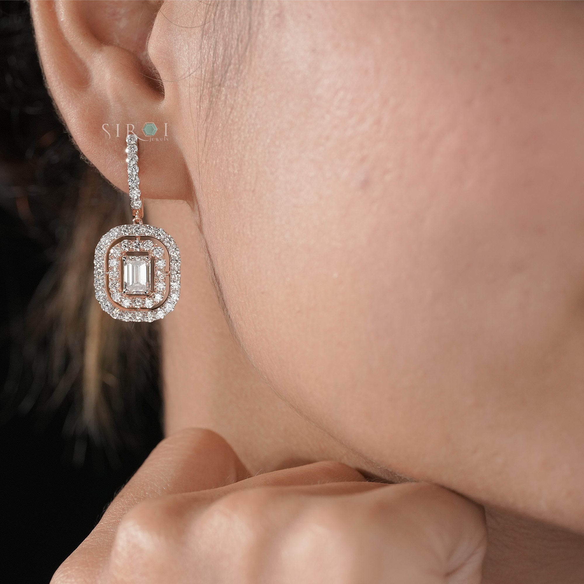 Elegant Double Halo Emerald Cut Diamond Drop Earrings in Rose Gold