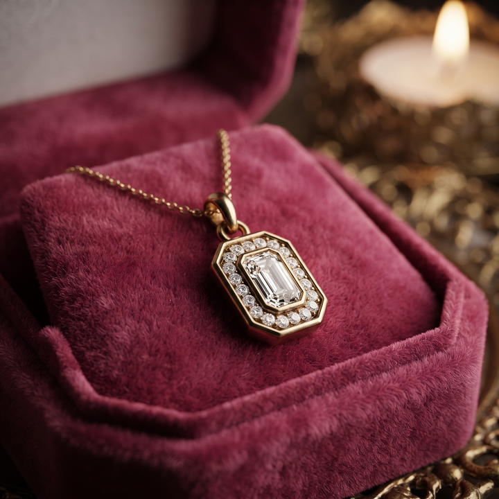 Emerald Cut Diamond Halo Pendant, Octagon Frame, Dainty Gold Chain, Minimalist Bridal Jewelry