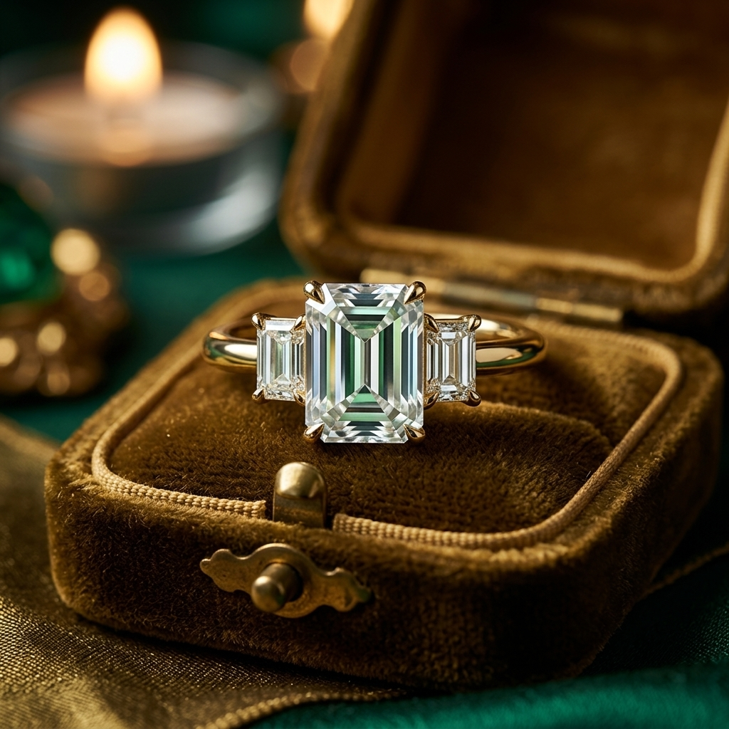 Emerald Cut Three Stone Engagement Ring, Lab Grown Diamond, Solid Gold (9K-18K)