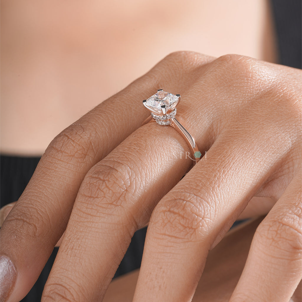 Cushion Cut Diamond Engagement Ring in Rose Gold with Hidden Halo