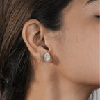 Elegant Oval Diamond Halo Stud Earrings in Two-Tone Gold