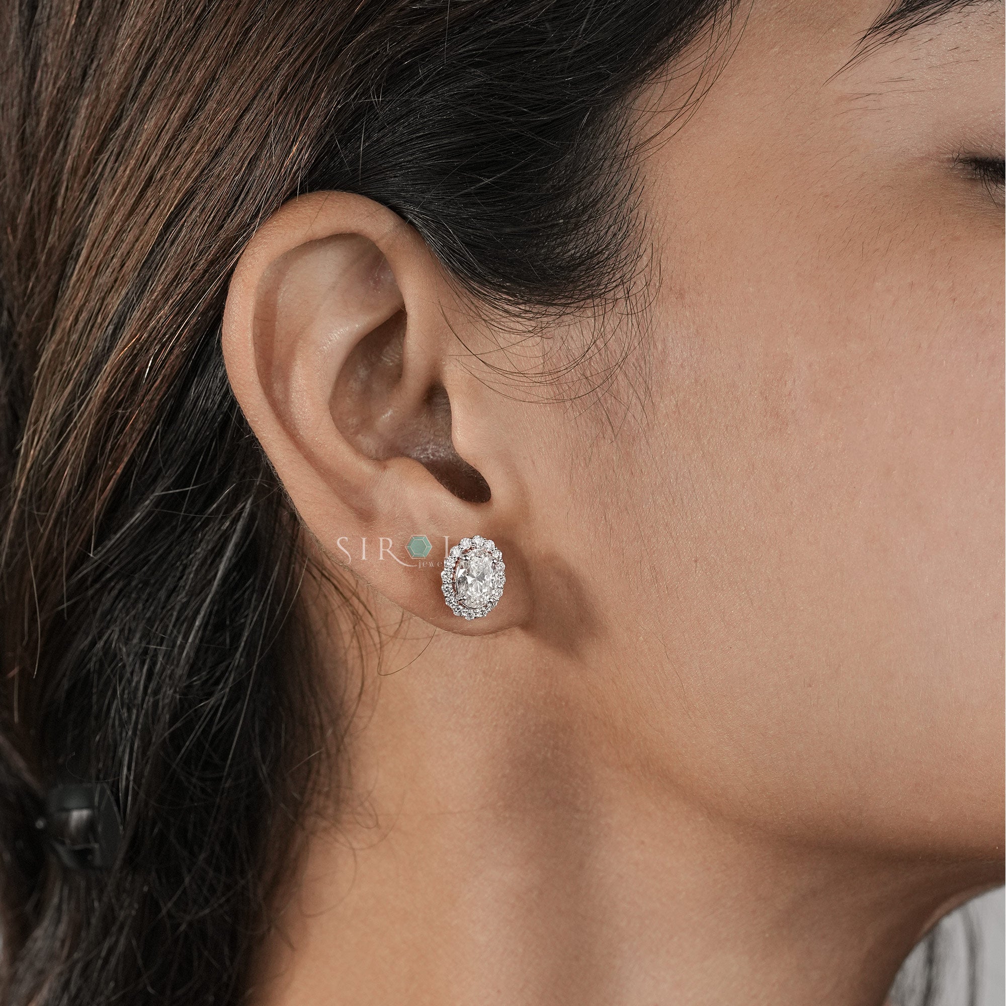 Elegant Oval Diamond Halo Stud Earrings in Two-Tone Gold