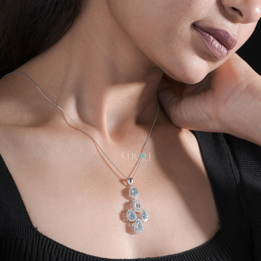 Aqua Cascade Emerald Diamond and Blue Pear Cluster Pendant in White Gold