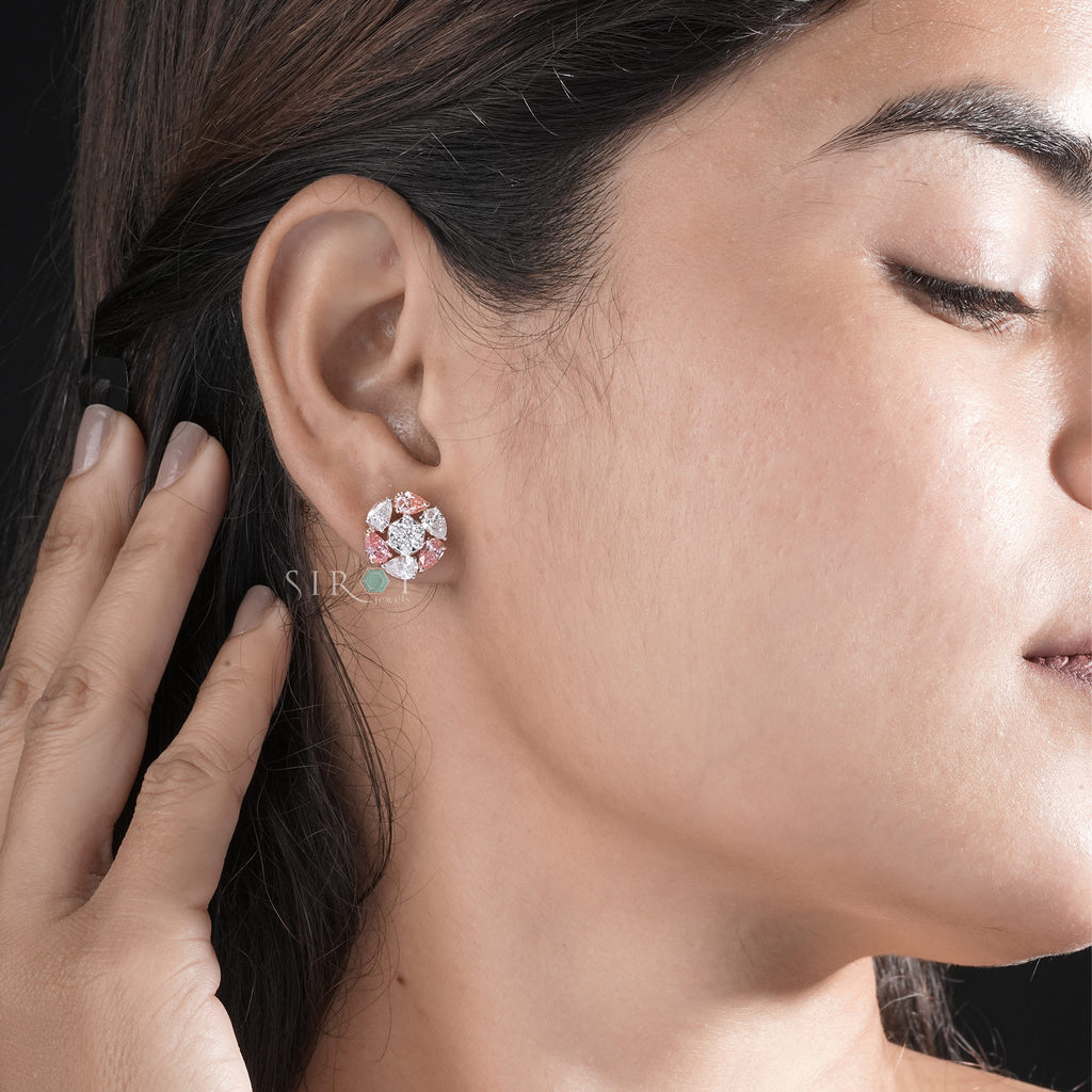 Fancy Pink & White Diamond Floral Cluster Studs.