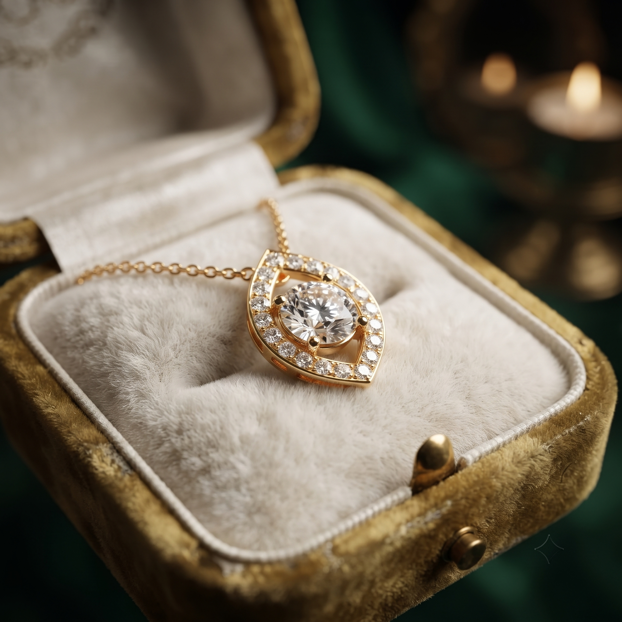 Marquise Halo Diamond Pendant Necklace, Evil Eye Protection, Dainty Gold Solitaire Jewelry
