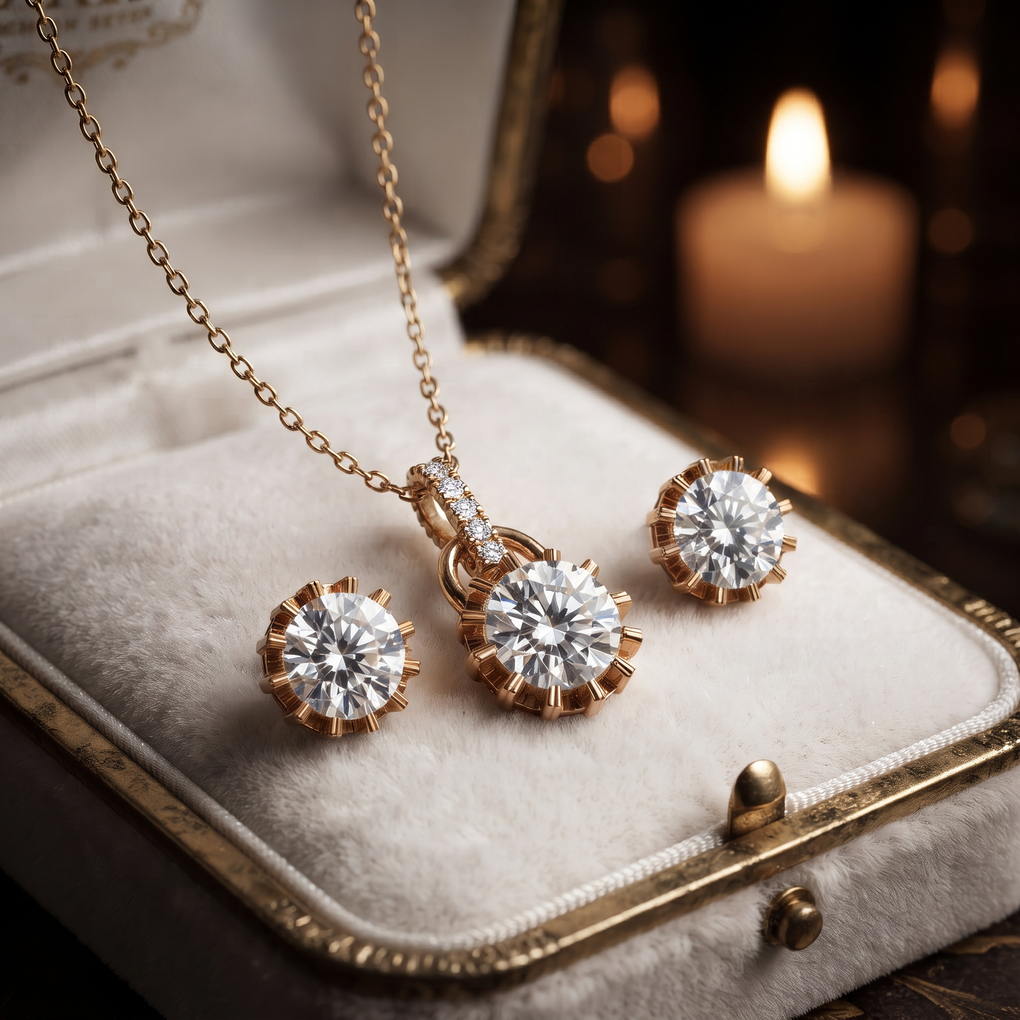Round Cut Lab Grown Diamond Necklace Earring Set, Crown Pendant, Minimalist Bridal Jewelry