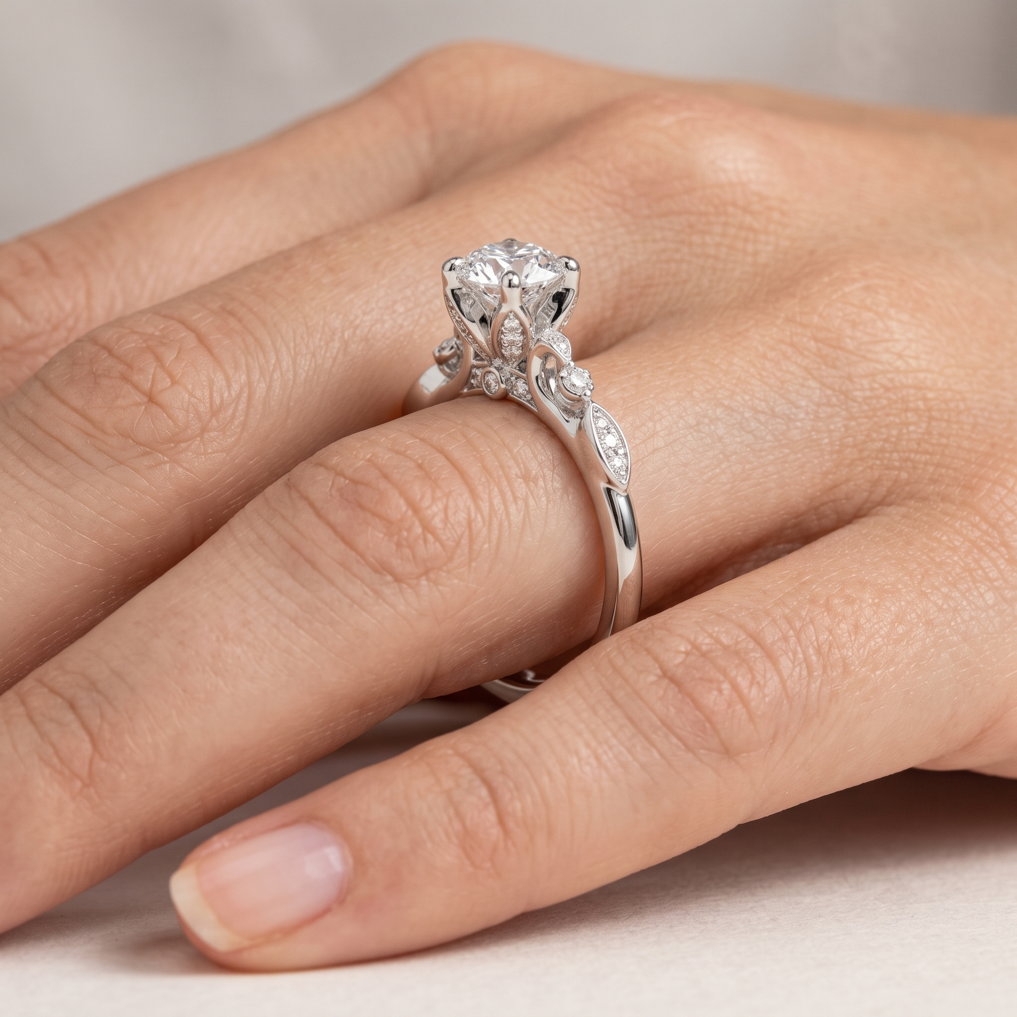 Custom Floral Basket Engagement Ring, Lab Grown Diamond, Hidden Halo Accent