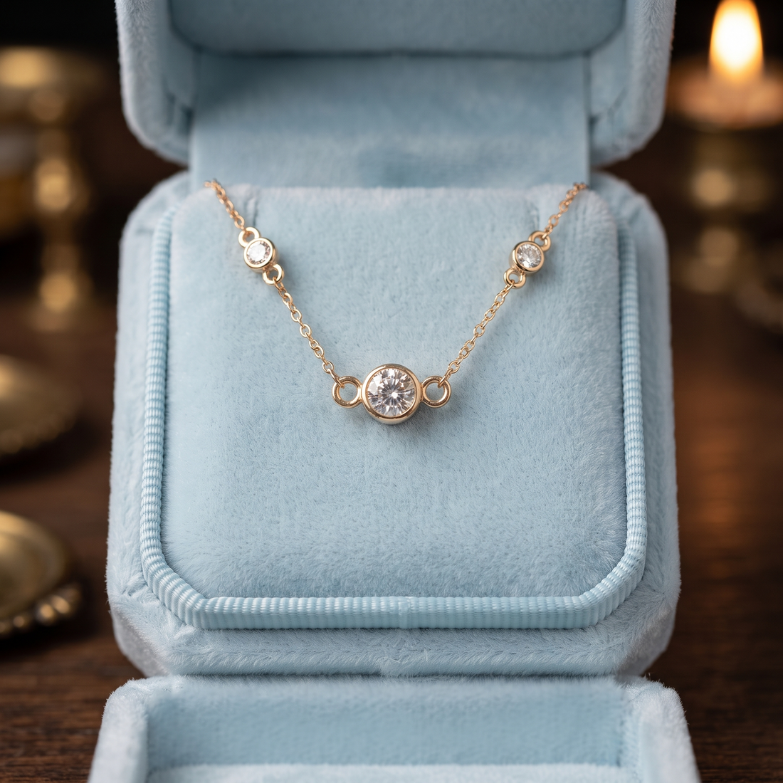 14K Gold Bezel Diamond Station Necklace, Minimalist Layering Pendant