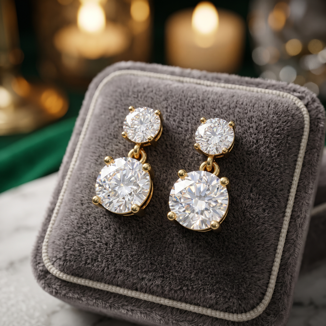 Two Stone Diamond Drop Earrings in 9K To 18K Rose Gold, Gift for Her