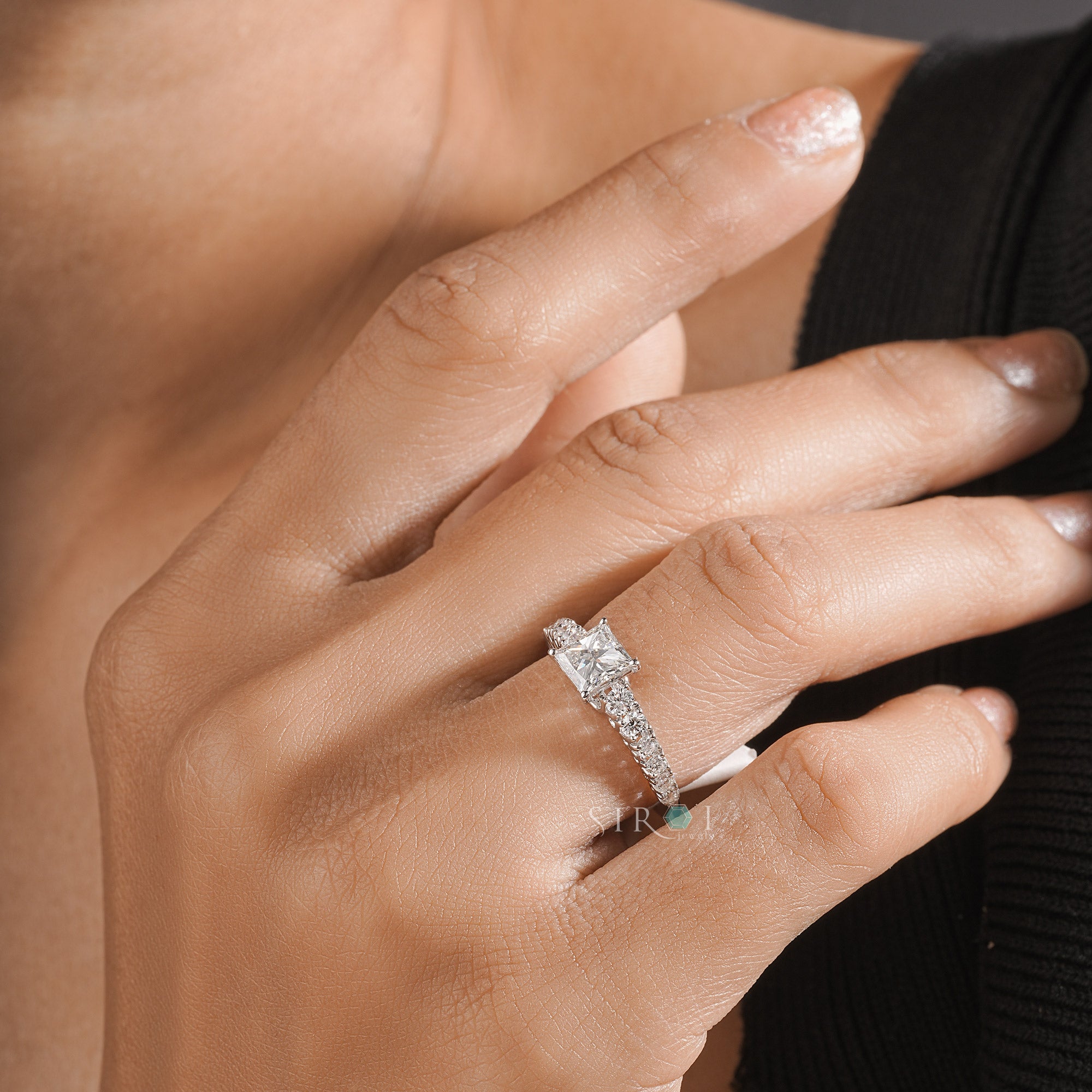 Princess-Cut Diamond Engagement Ring with Pave-Set Band