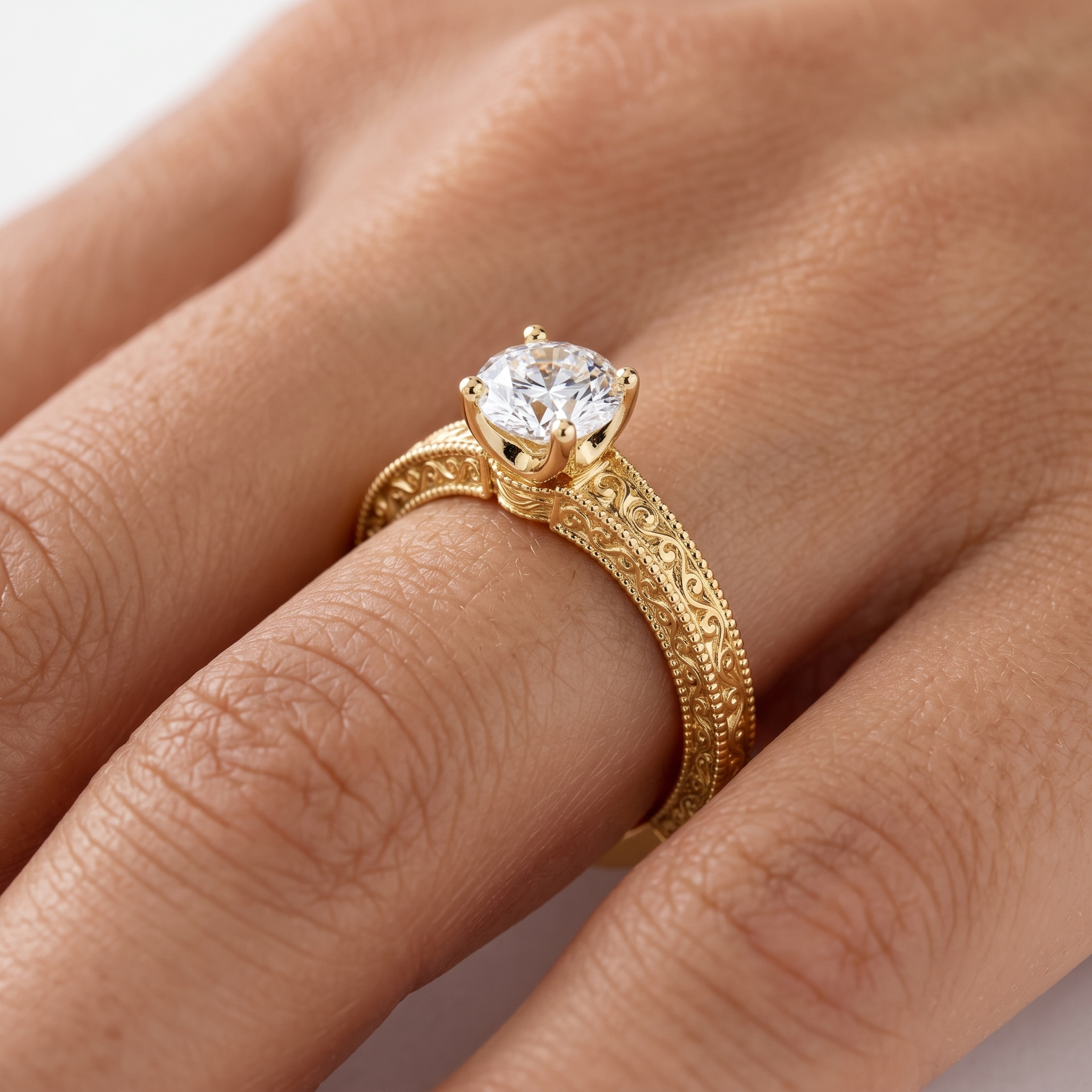 Vintage Art Deco Yellow Gold Engagement Ring, Round Lab Grown Diamond, Milgrain Scroll Design