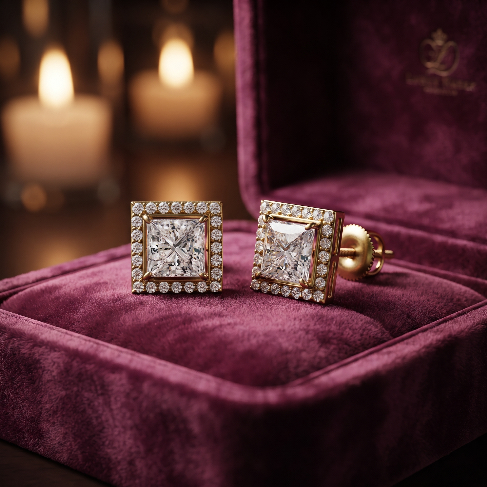 1.00 CT Princess Cut Diamond Halo Stud Earrings