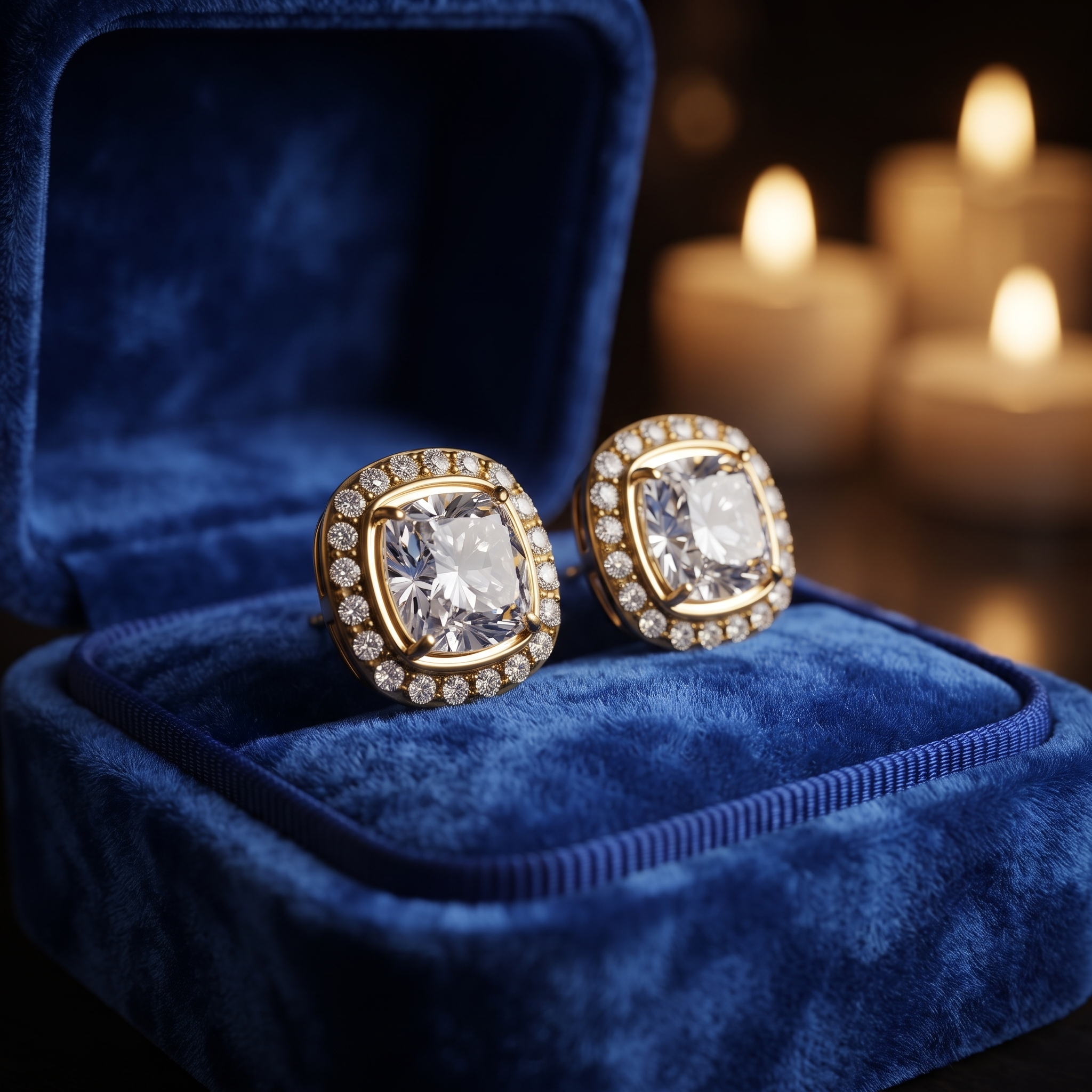 Cushion Cut Diamond Halo Stud Earrings, 10K/14K Rose Gold, Square Halo Design