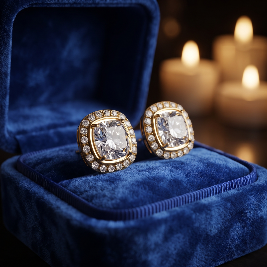 Cushion Cut Diamond Halo Stud Earrings, 10K/14K Rose Gold, Square Halo Design