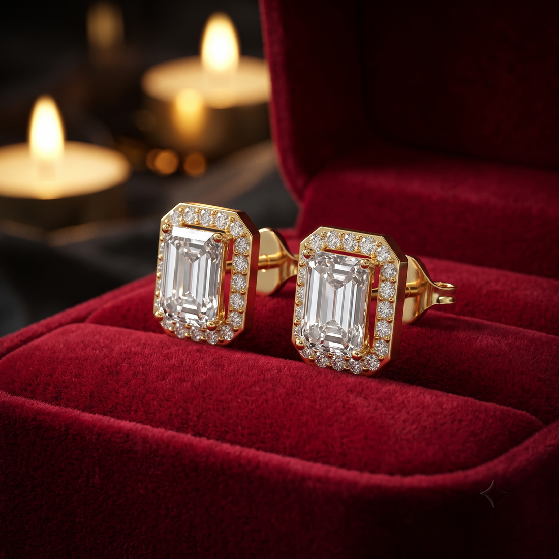 Emerald Cut Diamond Halo Stud Earrings in 9K/14K Gold, Gift for Her