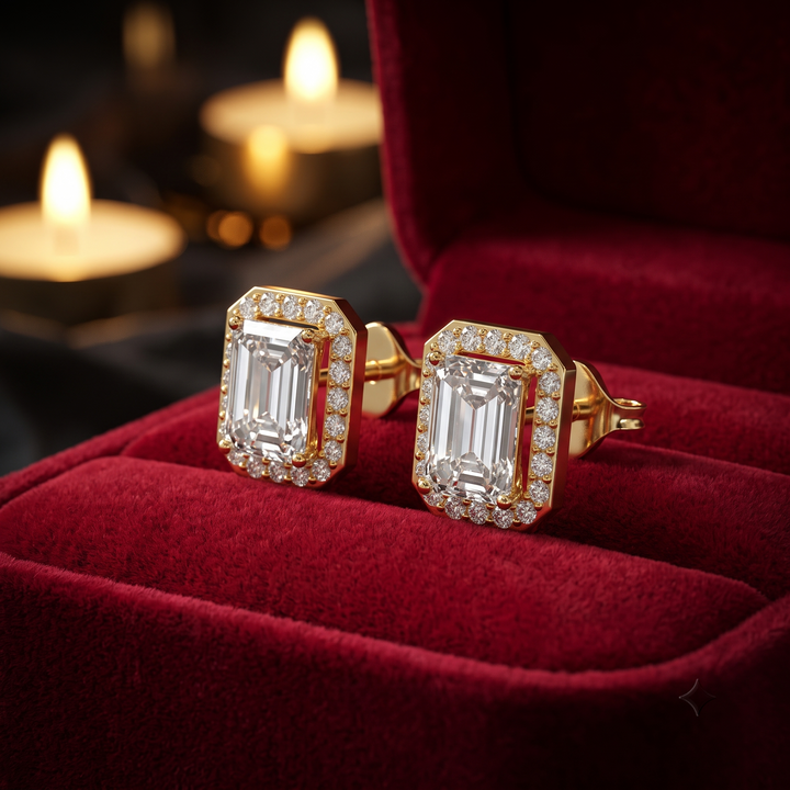 Emerald Cut Diamond Halo Stud Earrings in 9K/14K Gold, Gift for Her