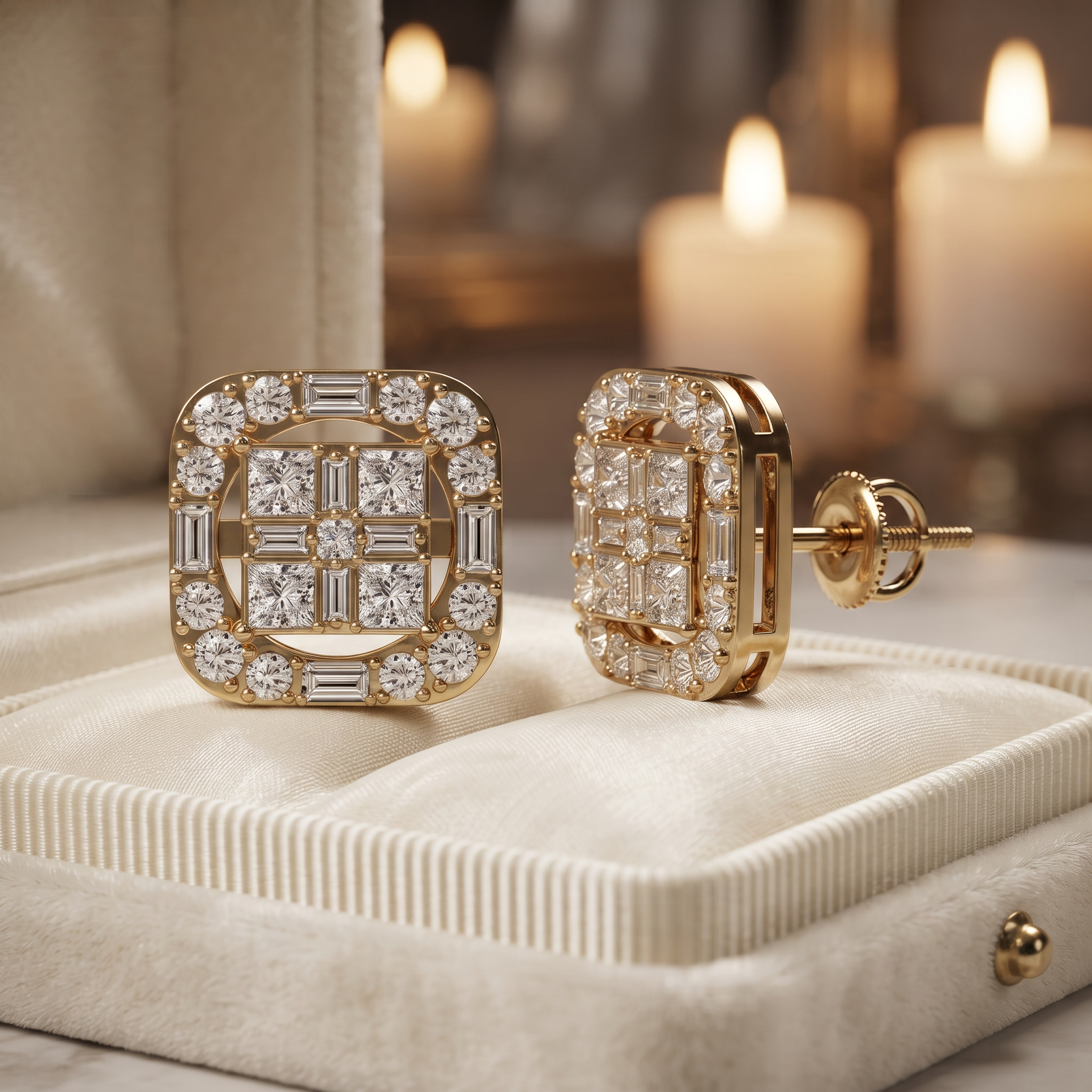 Geometric Diamond Stud Earrings – Princess, Baguette Cut, Gold, Silver