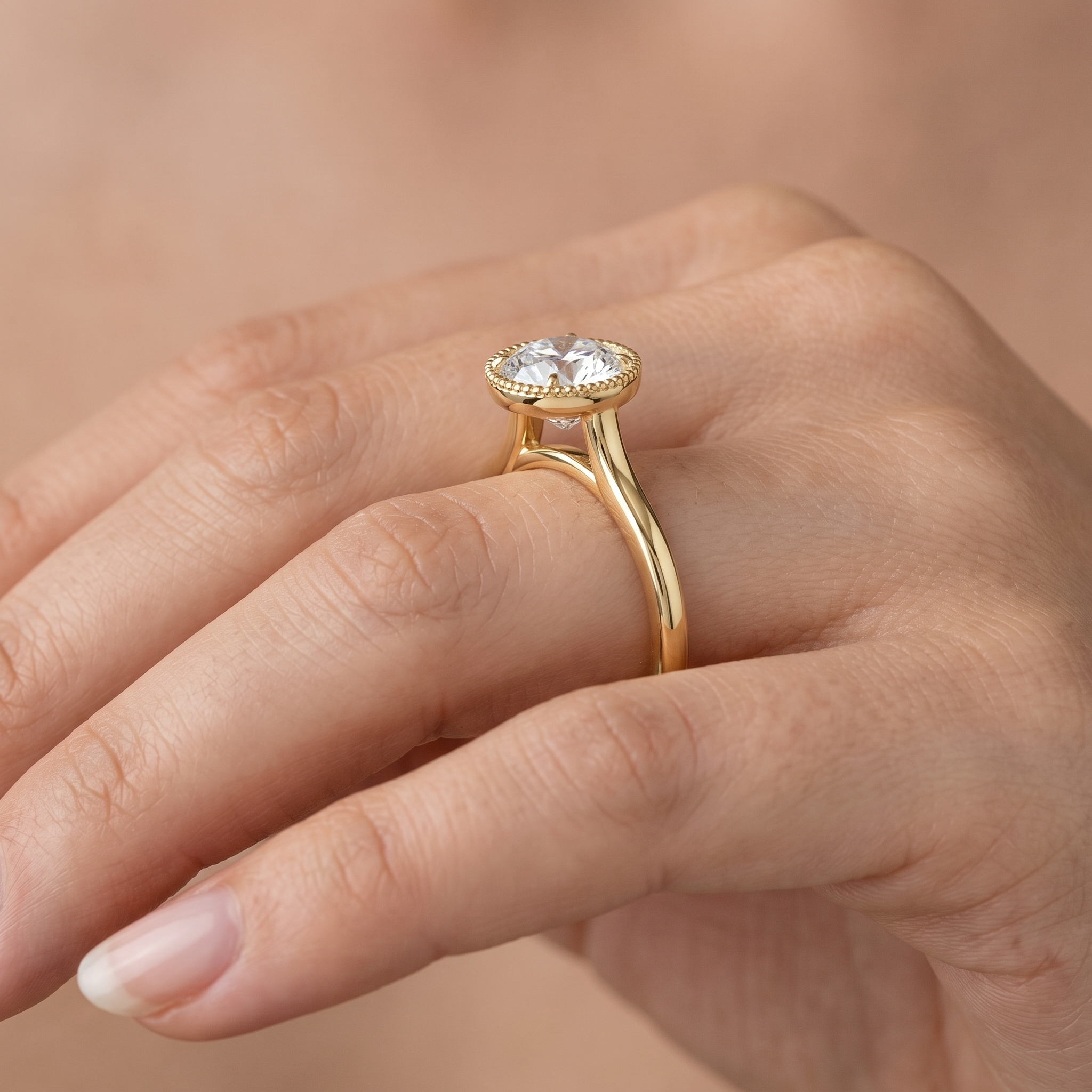 Milgrain Bezel Lab Grown Diamond Ring, Round Cut Solitaire, Solid Gold Engagement Ring