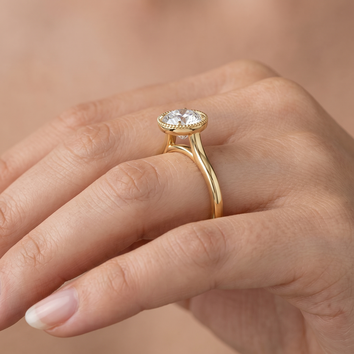 Milgrain Bezel Lab Grown Diamond Ring, Round Cut Solitaire, Solid Gold Engagement Ring