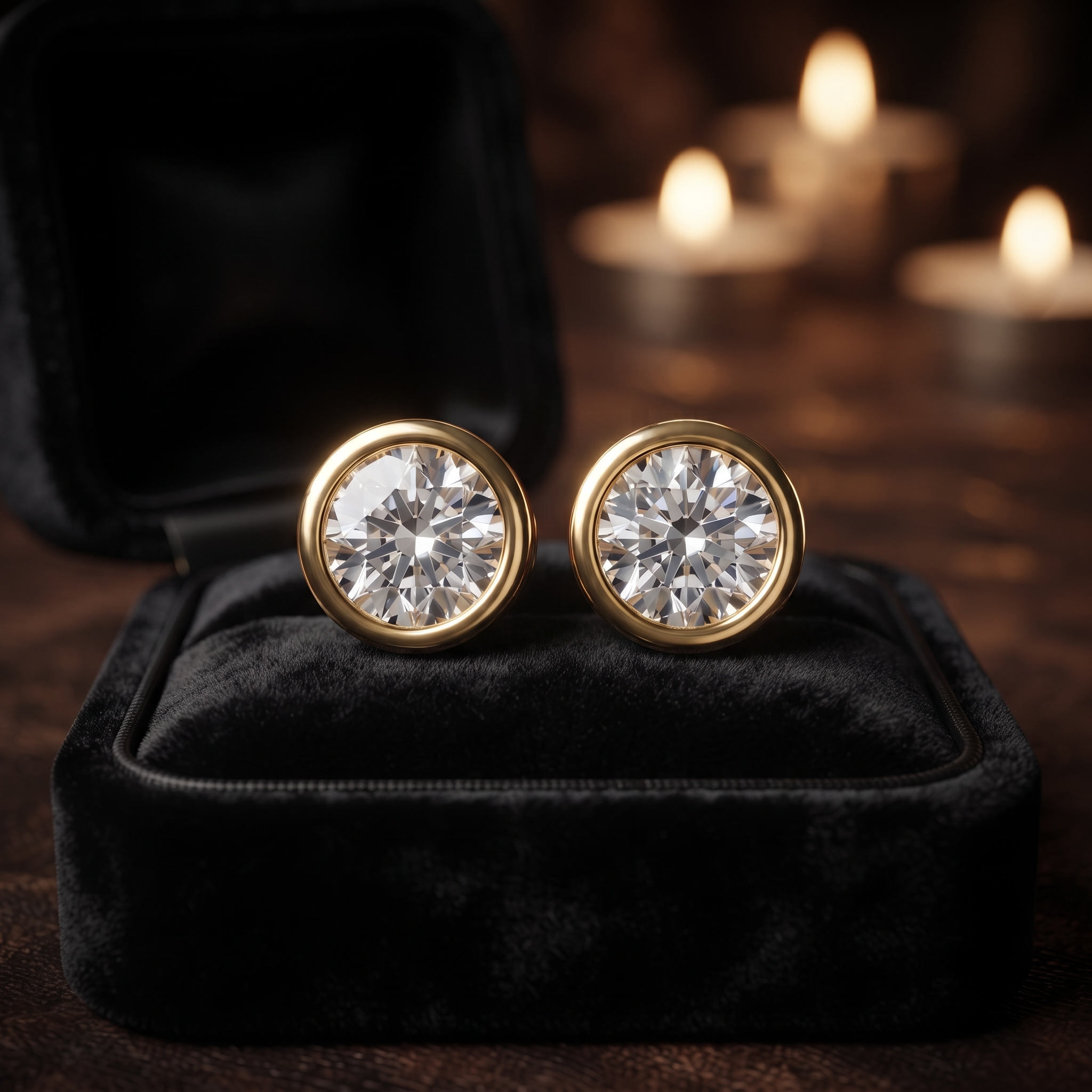 Bezel Set Solitaire Diamond Stud Earrings in 9K To 18K Gold, Or Silver