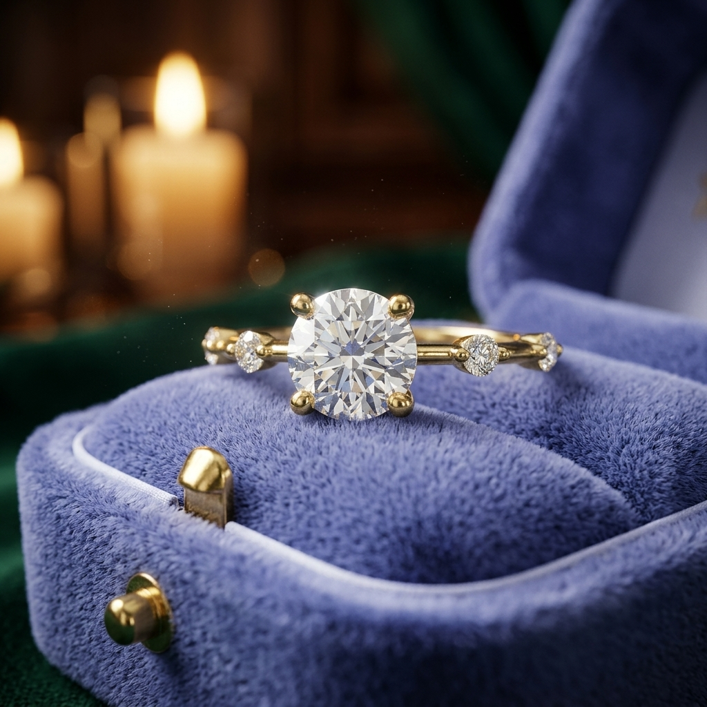 Round Engagement Ring, Solid Gold Cluster Branch Bridal Jewelry