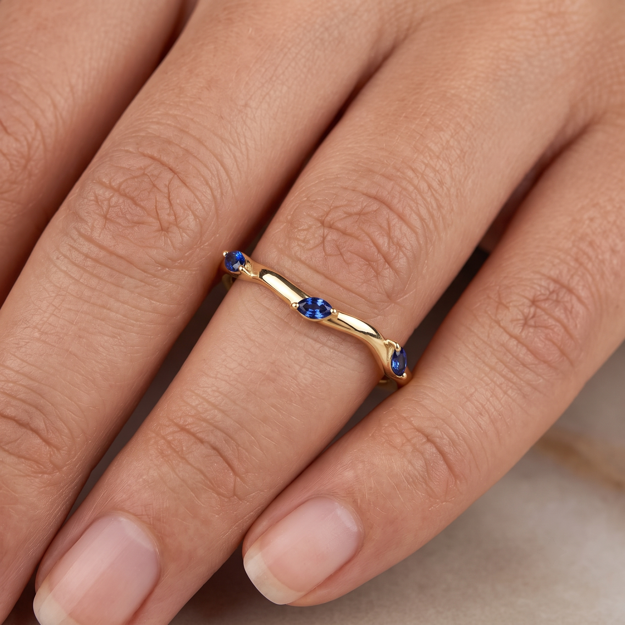 Emerald Cut Diamond Engagement Ring Set, Blue Sapphire Branch Design, Solid Gold Wedding Band