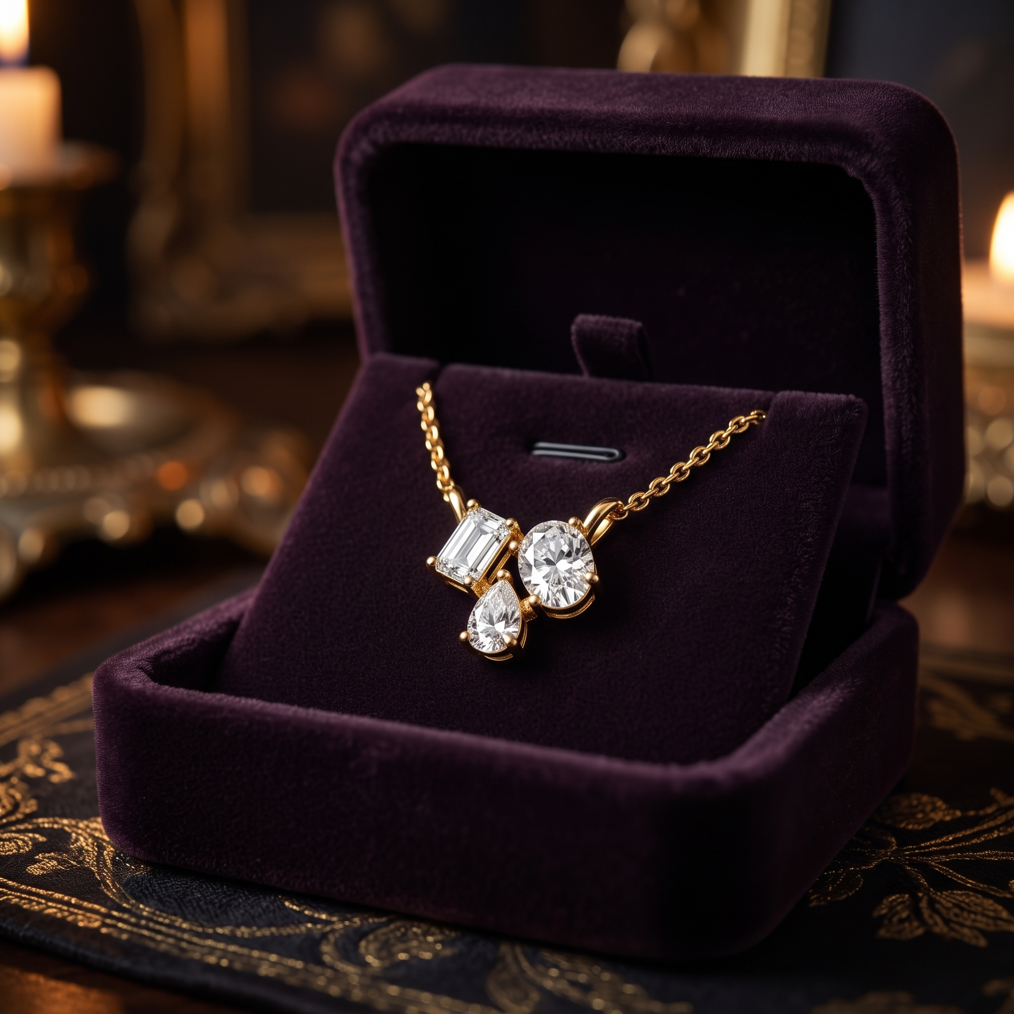 Three Stone Diamond Necklace, Emerald Oval Pear Cut Pendant, Gold Vermeil Chain