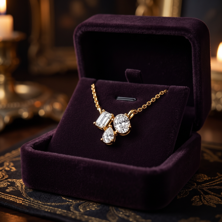 Three Stone Diamond Necklace, Emerald Oval Pear Cut Pendant, Gold Vermeil Chain