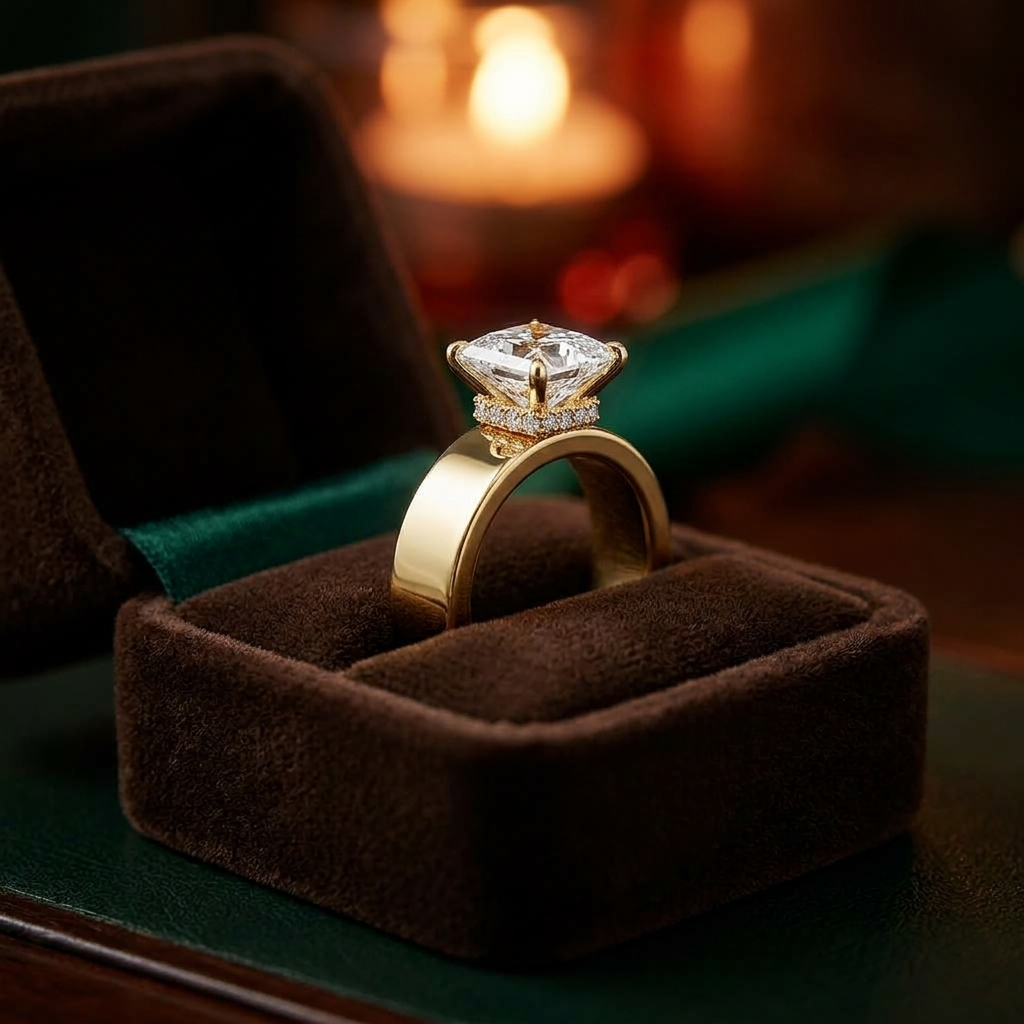 Wide Band Princess Cut Engagement Ring | Hidden Halo, Solid Gold Statement Piece