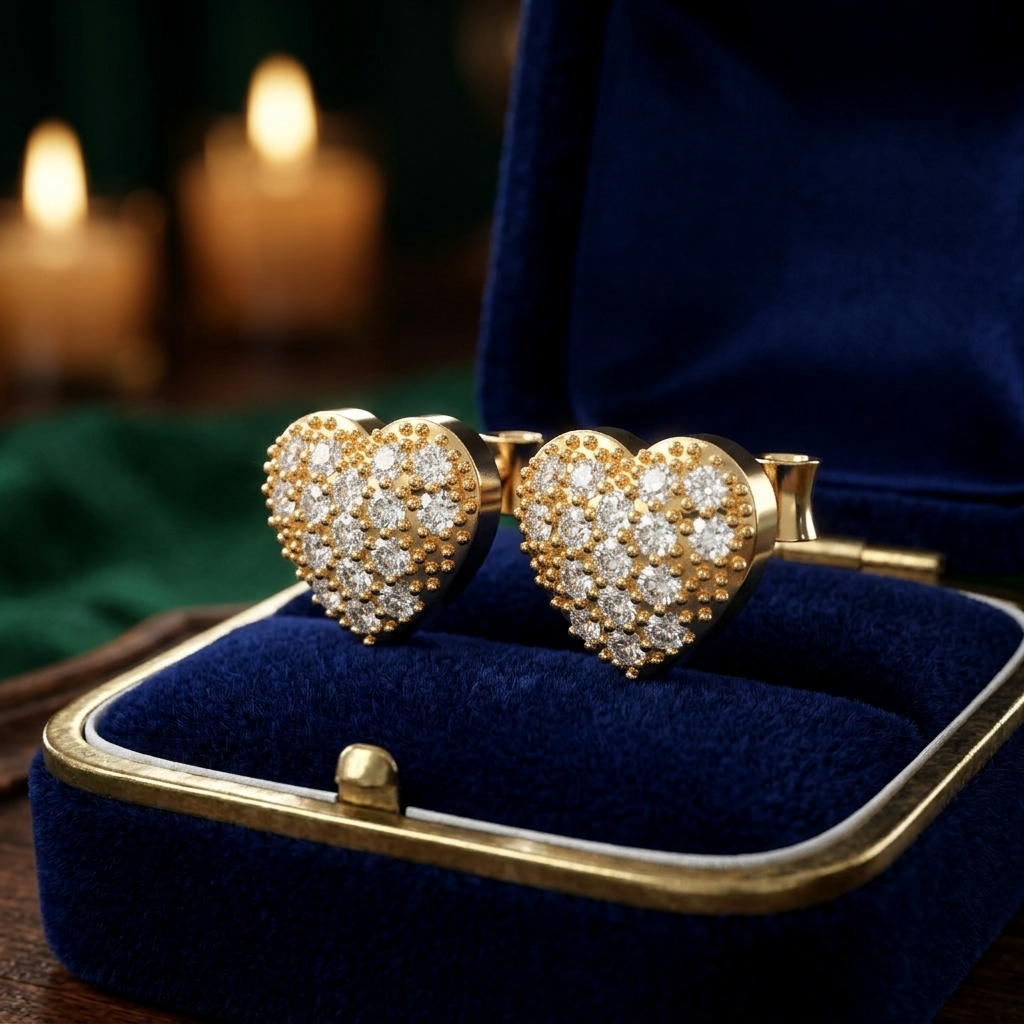Diamond Heart Stud Earrings in Gold
