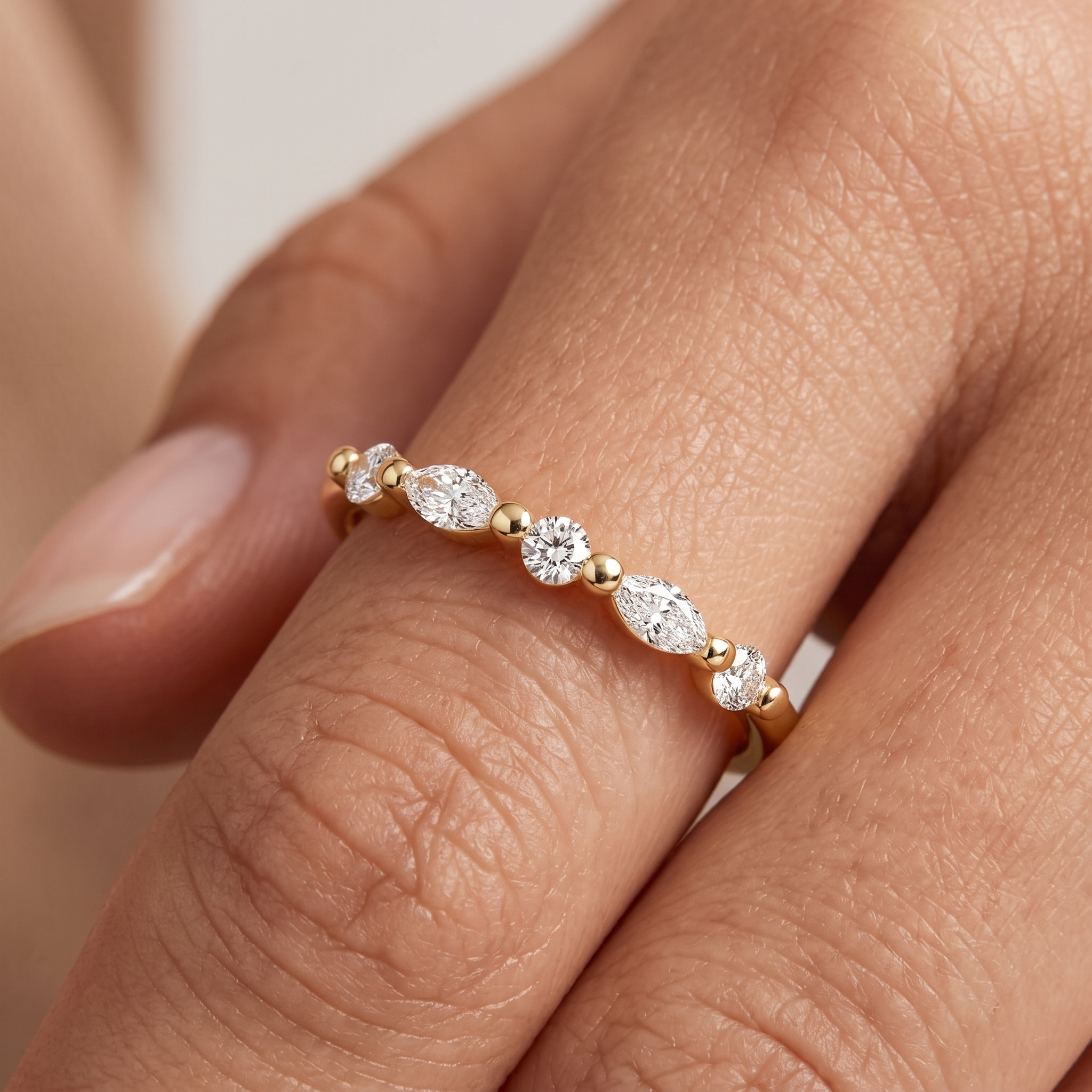Oval Cut Solitaire Engagement Ring Set | Marquise Beaded Wedding Band (Yellow Gold)