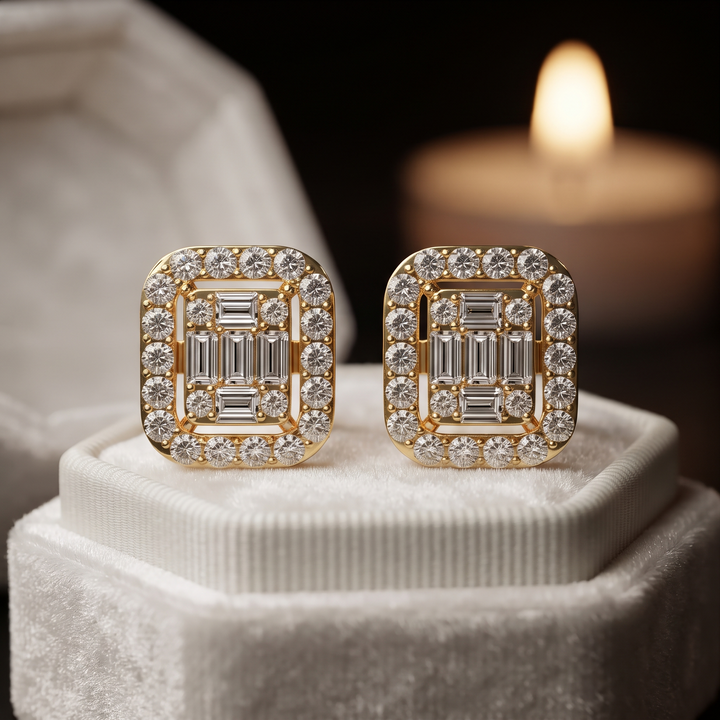 Baguette and Round Diamond Halo Stud Earrings
