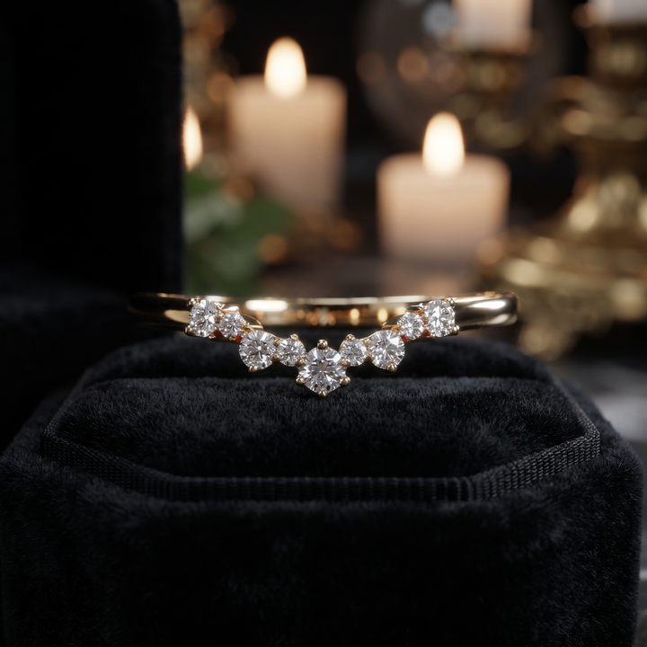 Curved Diamond Wedding Band | V Shape Stacking Ring | Contour Matching Band
