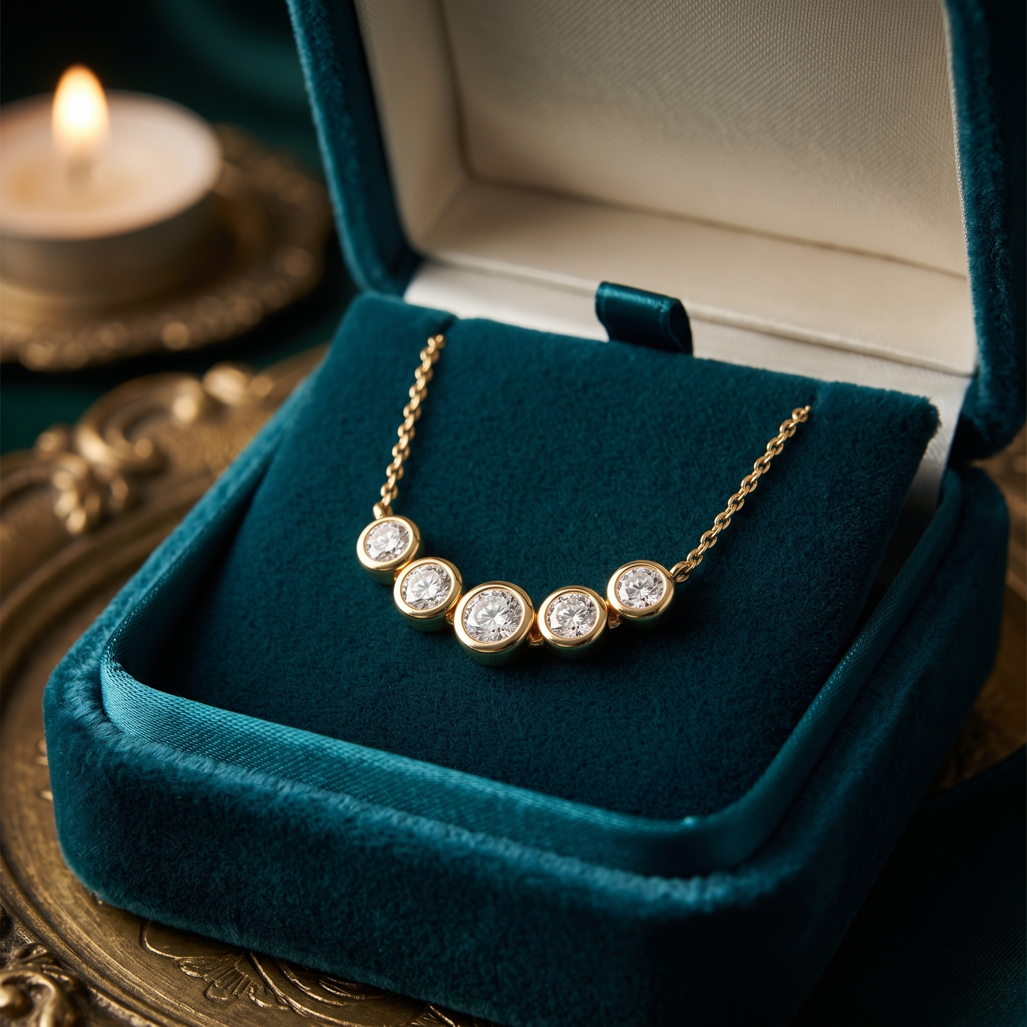 5-Stone Bezel Set Diamond Bar Necklace, Graduated Round Cut Pendant, Minimalist Gold Jewelry