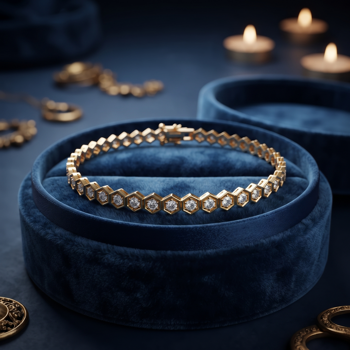 Hexagon Diamond Tennis Bracelet, Gold Honeycomb Geometric Link Bracelet