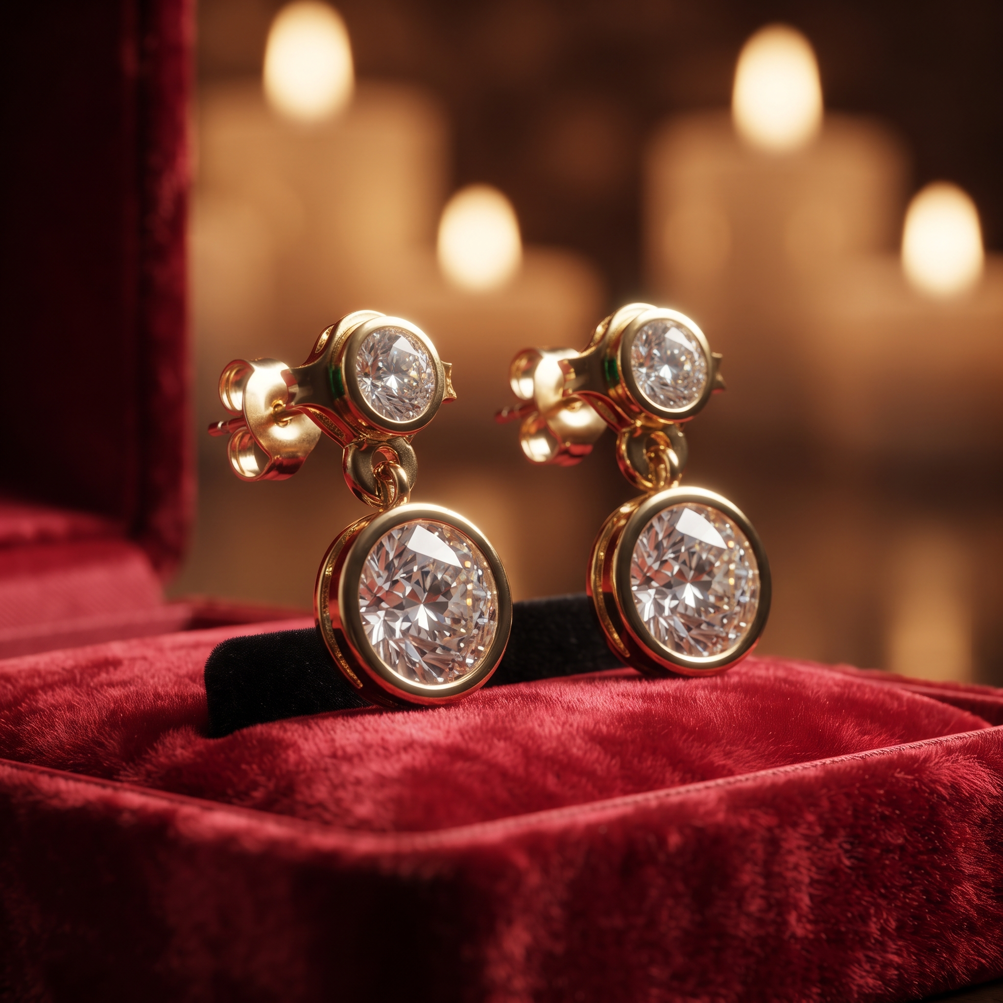 Two-Stone Drop Earrings – Round Cut Diamond Simulant Earrings in Gold and Sterling silver